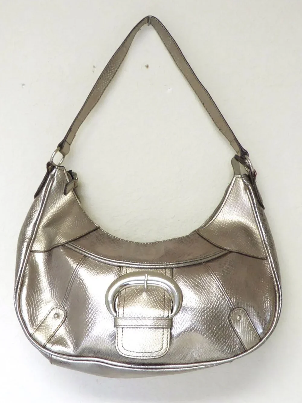 Pewter metallic faux vegan leather snakeskin print shiny large hobo bag